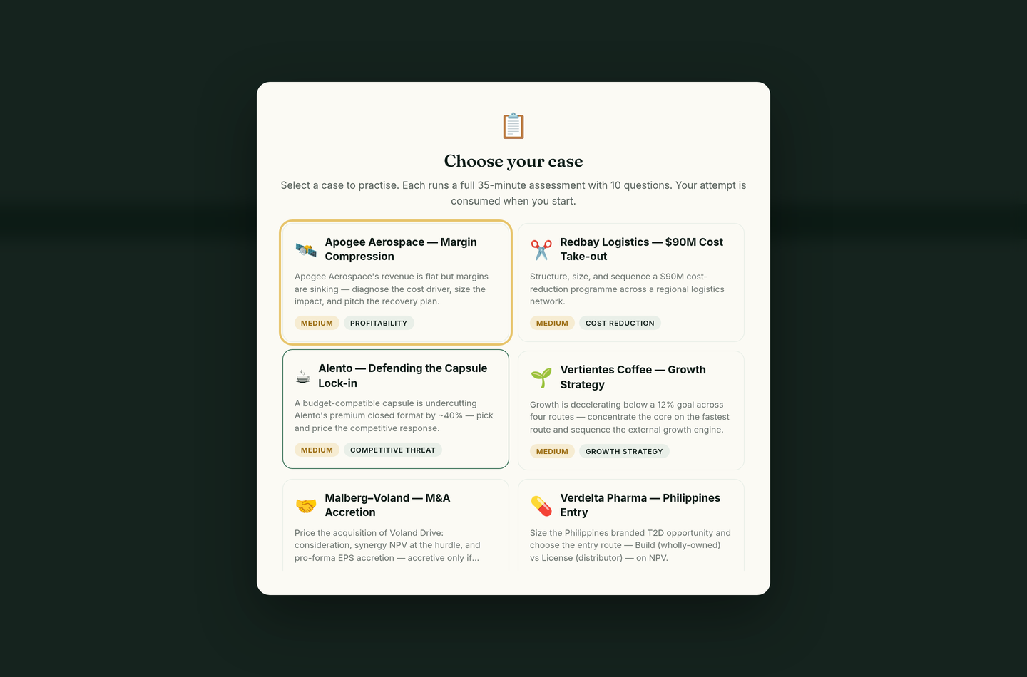 The BCG Casey-style case picker: choose a case, then run the 35-minute chatbot assessment.