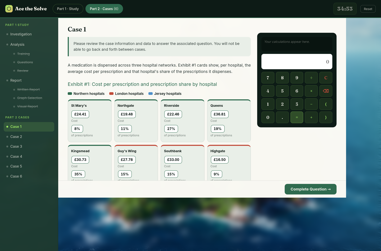 Cases — six timed research cases with exhibits and a calculator.
