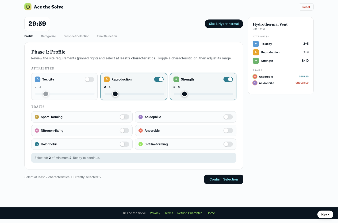 Phase 1: profile — toggle attributes, adjust ranges and review the site panel.