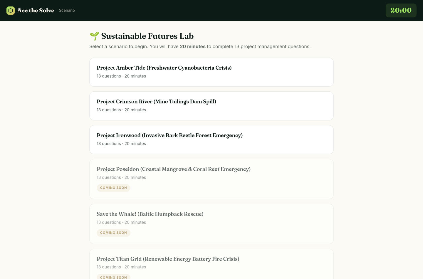 The Sustainable Futures Lab scenario picker with timed project-management scenarios.
