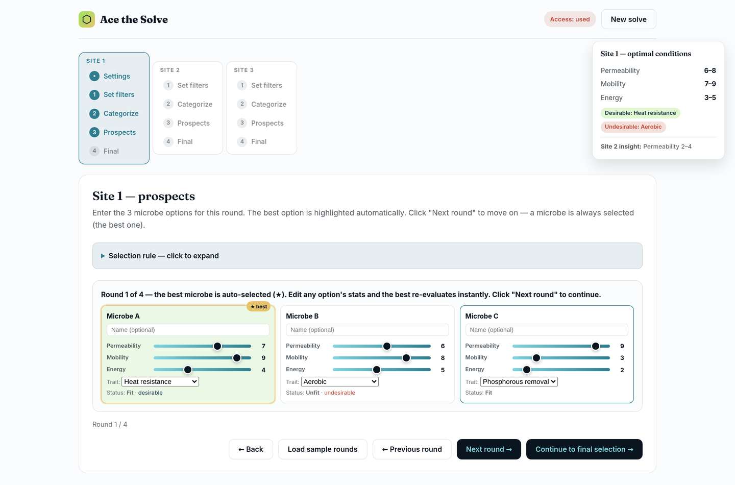 The Prospects step with the best microbe auto-selected and the site's optimal conditions panel.