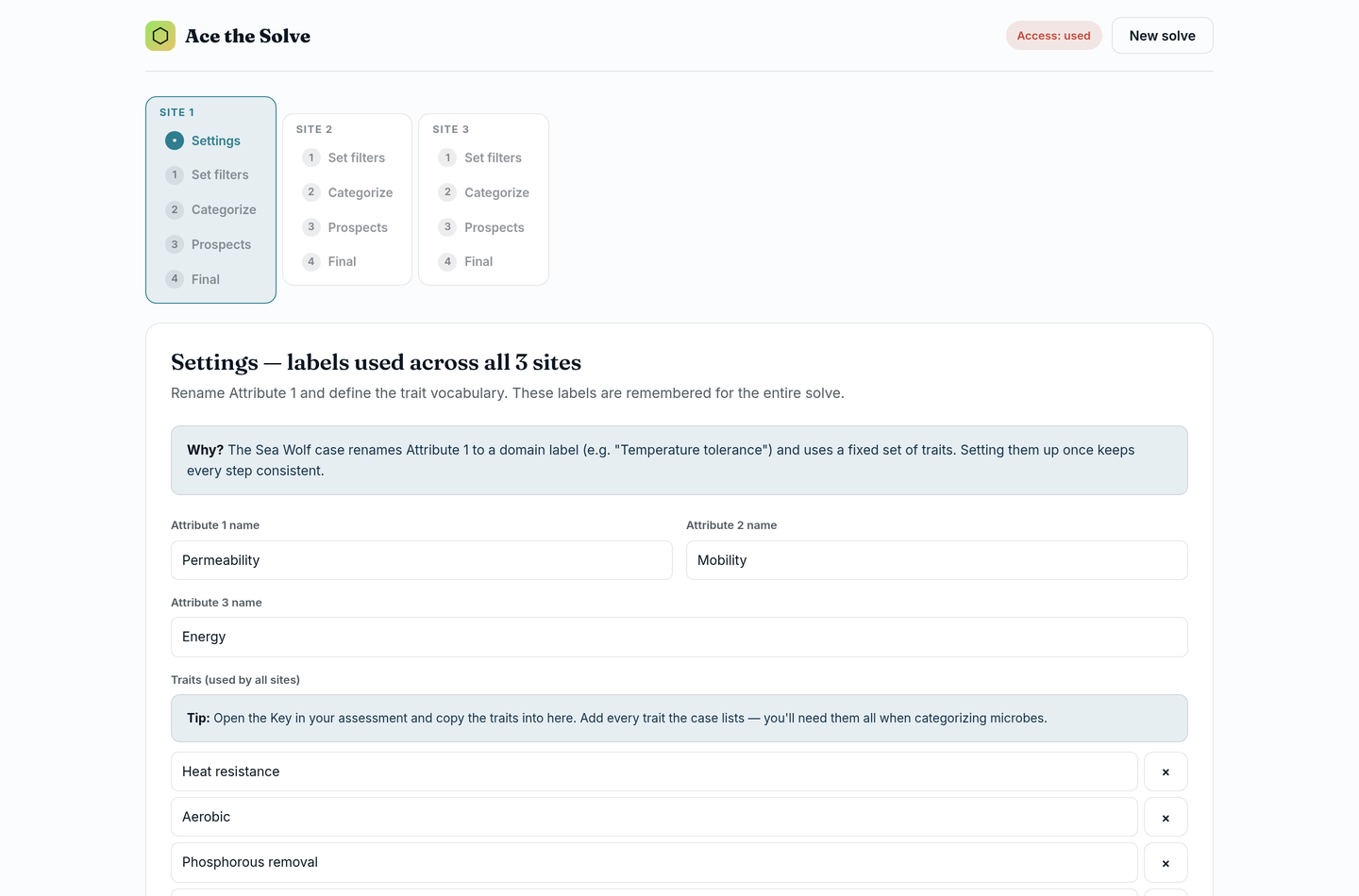 The Settings step: attribute names and the trait vocabulary used across all three sites.